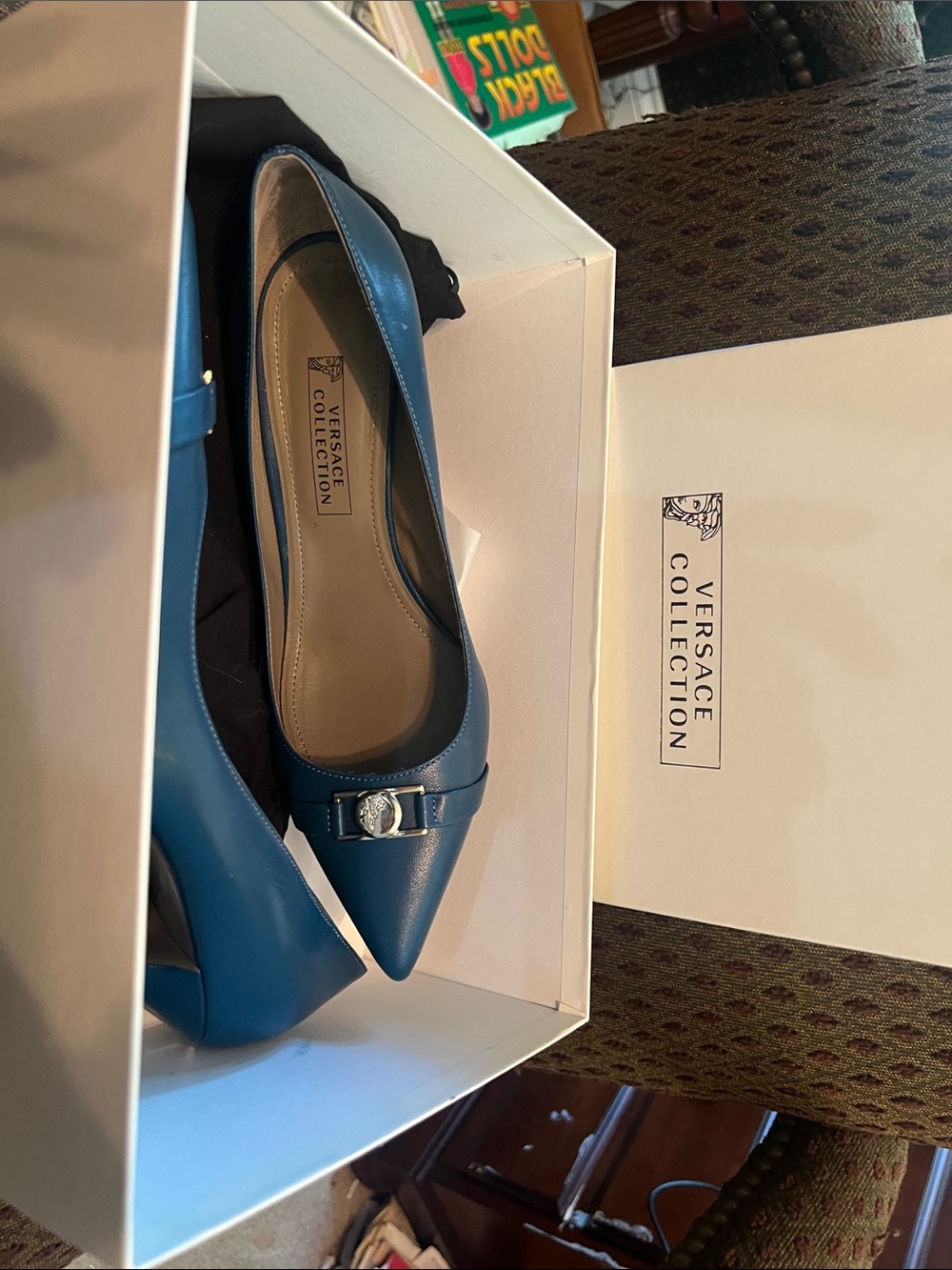Versace Collection Teal Pointed-Toe Heels with Medallion Buckle S108
